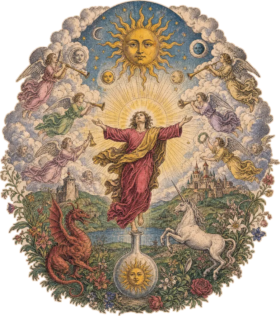 Engraving: a figure in a red robe rises with open arms beneath a radiant sun, angels with trumpets around, a dragon and a unicorn in the landscape below
