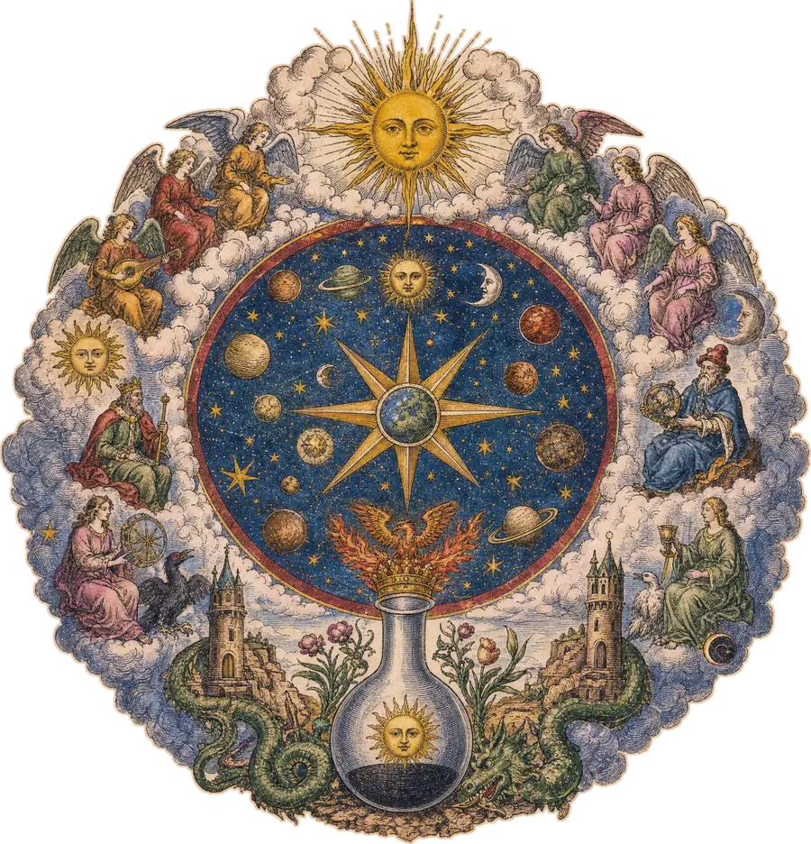 Engraving: a celestial wheel of planets around an eight-pointed star, a phoenix rising from an alchemical flask below, angels and scholars at the rim