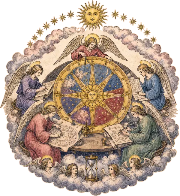 Engraving: angels seated around a round table study star charts and a golden wheel