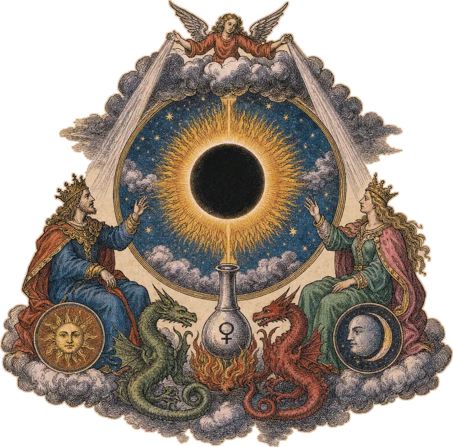 Engraving: a black sun in eclipse inside a starry vault, a king and a queen seated beside an alchemical flask, dragons coiled below