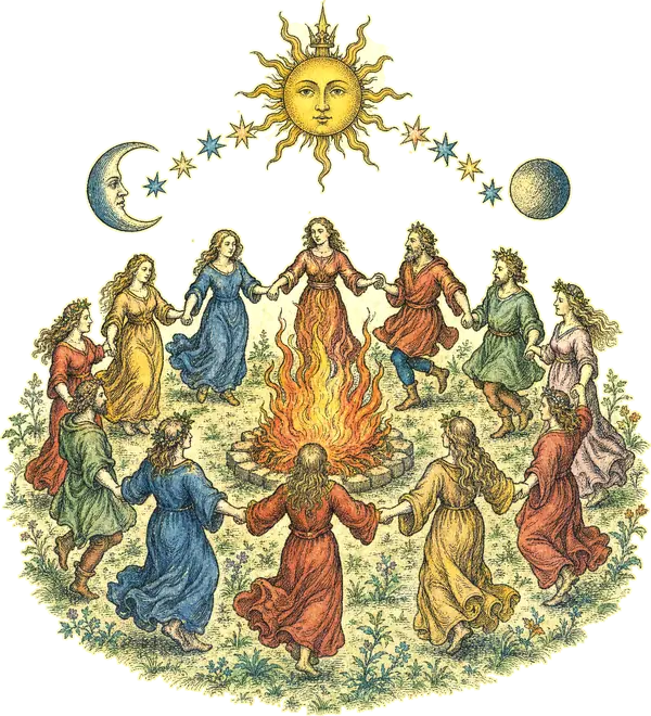 Engraving: villagers in coloured robes dance hand in hand around a bonfire under a sun, a moon and stars