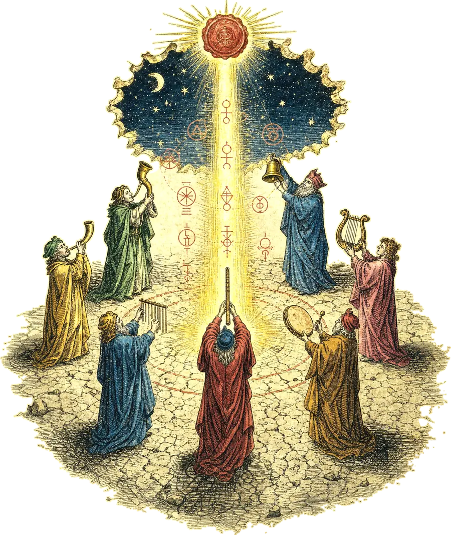 Engraving: seven robed musicians stand in a ring on cracked earth, raising a horn, a bell, a lyre, a drum and chimes toward a column of light that opens the night sky