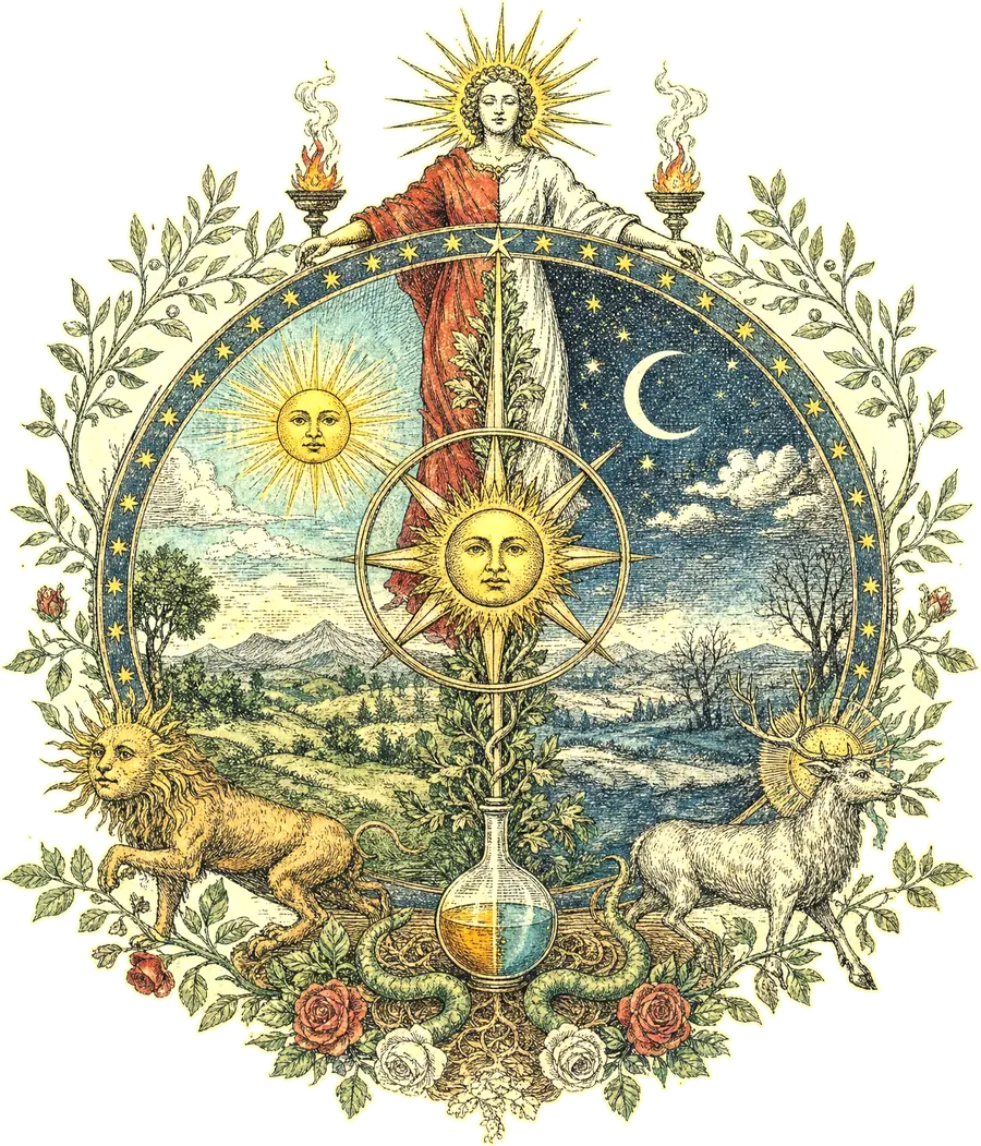 Engraving: a circle split between a sunlit landscape and a moonlit one, a crowned figure above, a lion and a lamb below, wreathed in leaves and roses