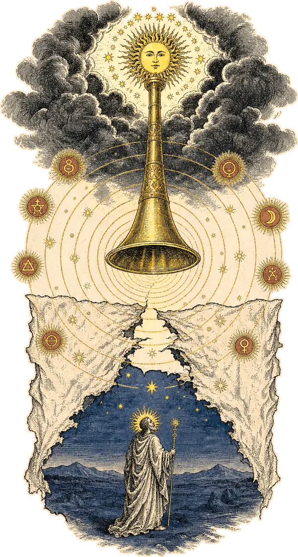 Engraving: a golden trumpet descends from storm clouds toward a torn veil, beneath it a robed figure stands on a mountain under the night sky